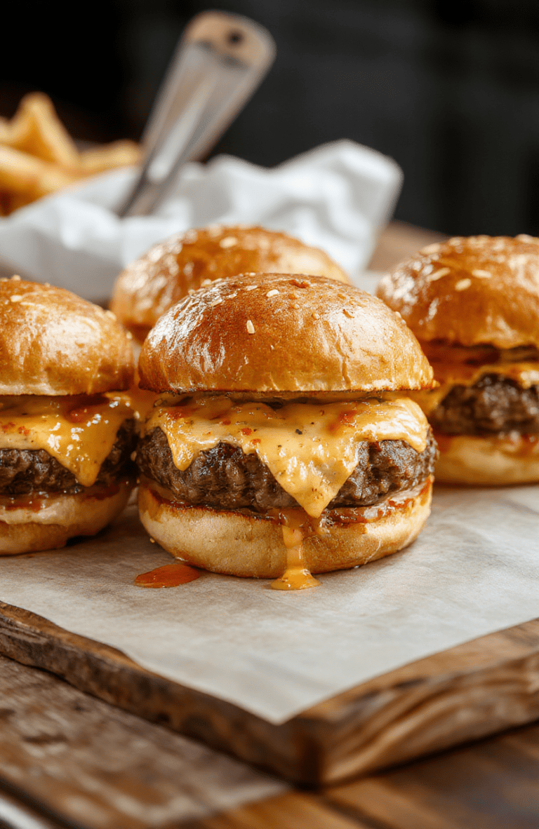 Colorful cheeseburger sliders arranged neatly on a rustic wooden serving board, featuring golden toasted buns, melted cheese, crispy bacon, fresh lettuce, and juicy beef patties with sesame seeds sprinkled on top, styled with a casual and inviting presentation.