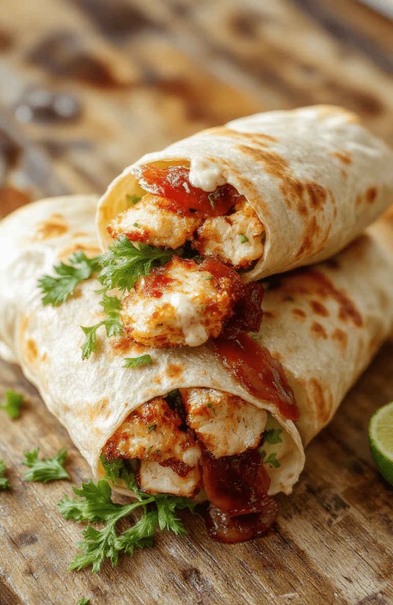 A vibrant plate showcasing a crispy chicken bacon ranch wrap sliced in half, revealing melted cheese, fresh greens, and tender chicken inside, with drizzles of ranch sauce on top. The wrap is garnished with crispy bacon strips and placed on a rustic wooden surface, with colorful ingredients around that highlight textures and flavors.