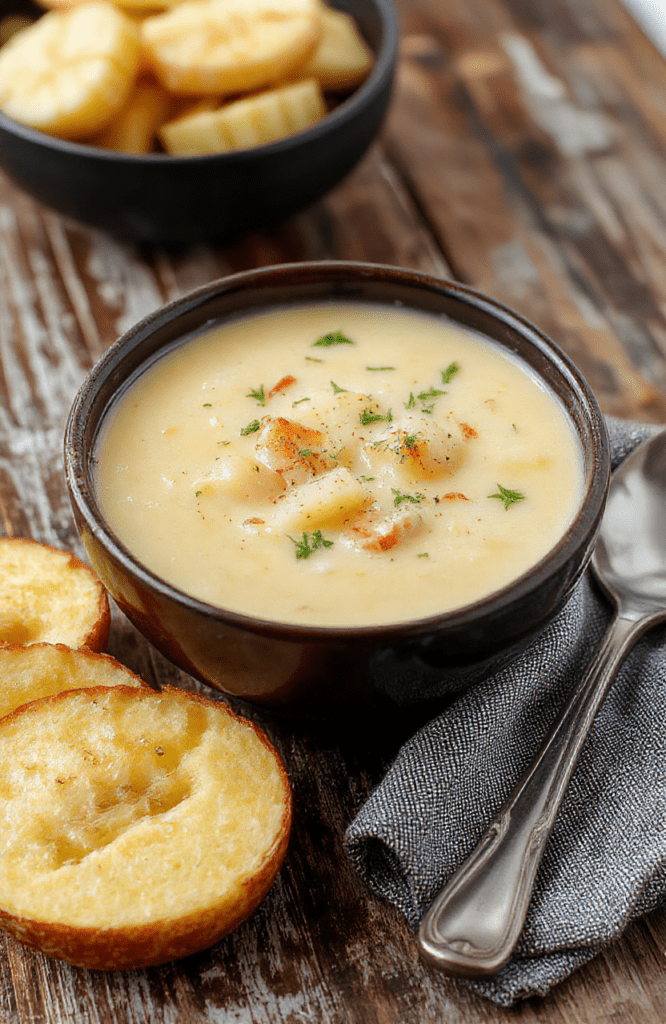 A cozy bowl of creamy potato soup with golden toppings, served on a rustic wooden table, garnished with fresh herbs, with steam rising and a bread roll on the side, styled for a warm, inviting meal