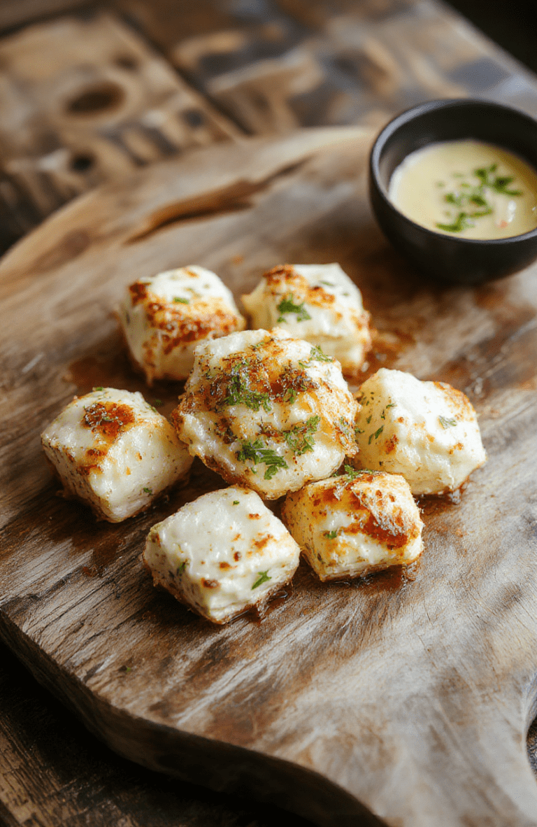 Golden crispy mozzarella bites topped with fresh herbs, served on a sleek white plate with a side of marinara sauce, vibrant and inviting.