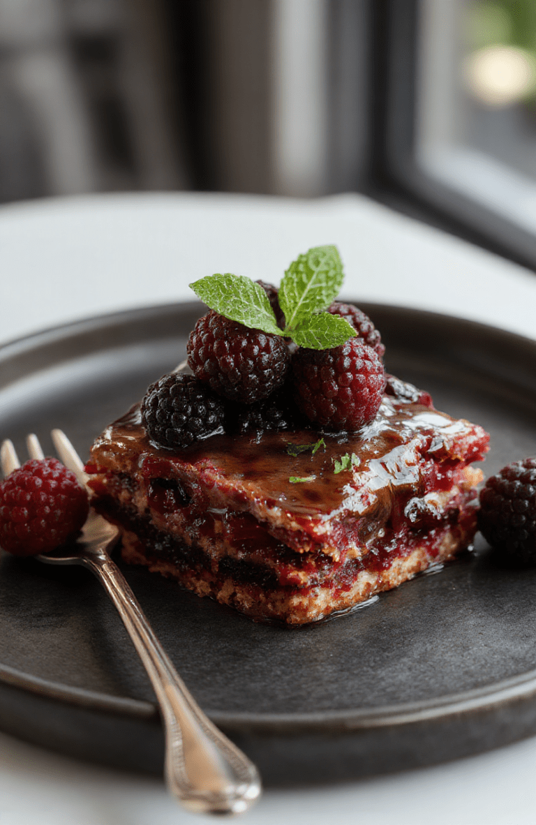 A rich, decadent blackberry cake with deep purple hues, layered elegantly on a dark ceramic plate, topped with fresh blackberries and a dusting of powdered sugar, styled with dark-themed decorations to emphasize its gothic vibe, with a textured cake surface and glossy berries adding visual appeal.