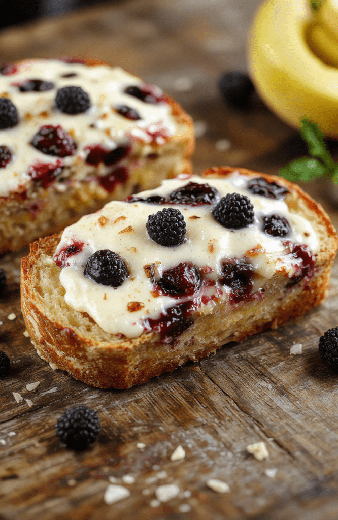 A freshly sliced blueberry cream cheese bread loaf on a rustic wooden table, revealing a swirled interior with vibrant blueberries and creamy layers, garnished with a dusting of powdered sugar and fresh blueberries, styled with a knife and a cozy cloth.