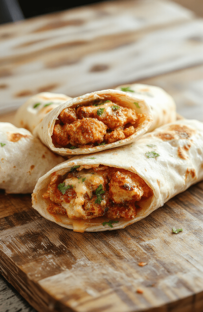 A close-up of cheesy chicken wraps on a rustic wooden board, filled with golden-brown chicken, melted cheese, fresh lettuce, and cherry tomatoes, styled with a drizzle of sauce, vibrant colors, and appealing textures.