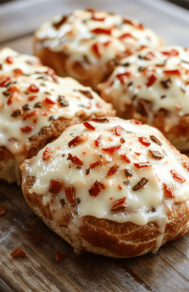 A golden-brown cheesy Christmas bread garnished with fresh herbs and red pepper flakes, sliced to reveal gooey melted cheese inside, arranged on a rustic wooden platter, with festive pinecones and holiday decorations in the background, highlighting textures of crispy crust and soft, cheesy interior.