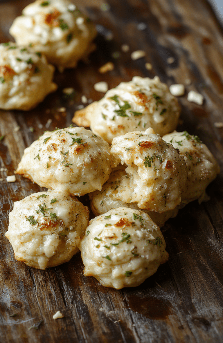 A plate of golden-brown cheesy garlic parmesan bombs arranged on a rustic wooden surface, drizzled with melted butter and sprinkled with chopped parsley, showcasing crispy edges and gooey melted cheese inside, styled simply for a casual yet inviting presentation.