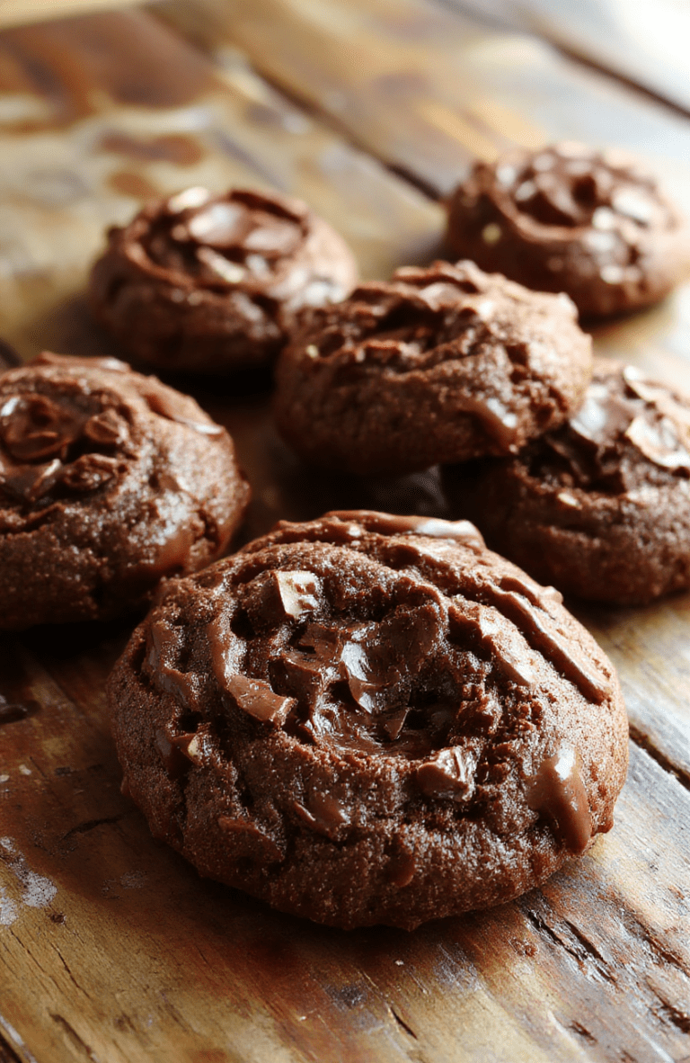 A close-up of chewy chocolate thumbprint cookies with glossy chocolate filling, arranged on a rustic wooden plate, with a few cookies stacked and sprinkled with sea salt. Warm lighting enhances the rich, dark chocolate color, and the textured cookie surface contrasts with the smooth chocolate centers, styled casually for an inviting homemade look.
