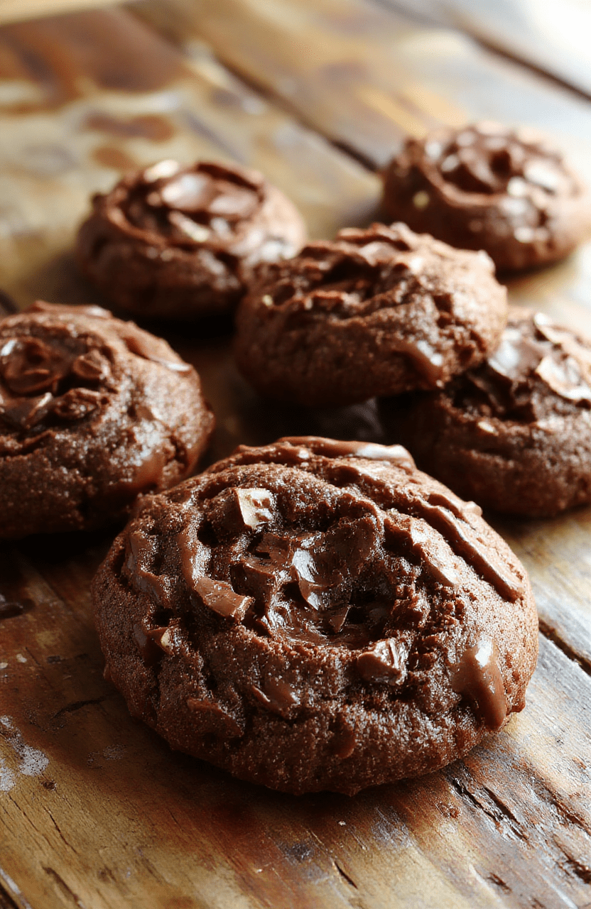 A close-up of chewy chocolate thumbprint cookies with glossy chocolate filling, arranged on a rustic wooden plate, with a few cookies stacked and sprinkled with sea salt. Warm lighting enhances the rich, dark chocolate color, and the textured cookie surface contrasts with the smooth chocolate centers, styled casually for an inviting homemade look.