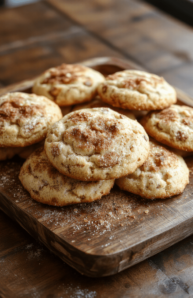 Golden brown snickerdoodles with cracked surface, coated in cinnamon sugar, arranged on a rustic wooden platter, with a light dusting of cinnamon visible, inviting and mouthwatering visual.