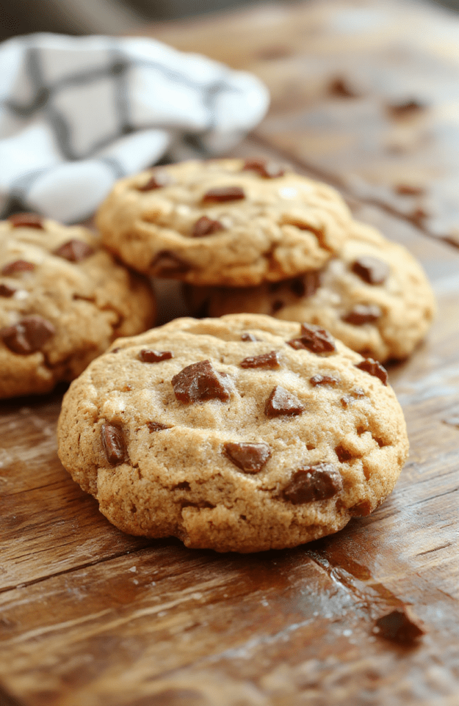 A close-up of chewy cowboy cookies arranged on a rustic wooden serving board, showcasing golden-brown edges, chocolate chips, and oatmeal textures, styled with a few scattered nuts and a glass of milk in the background.