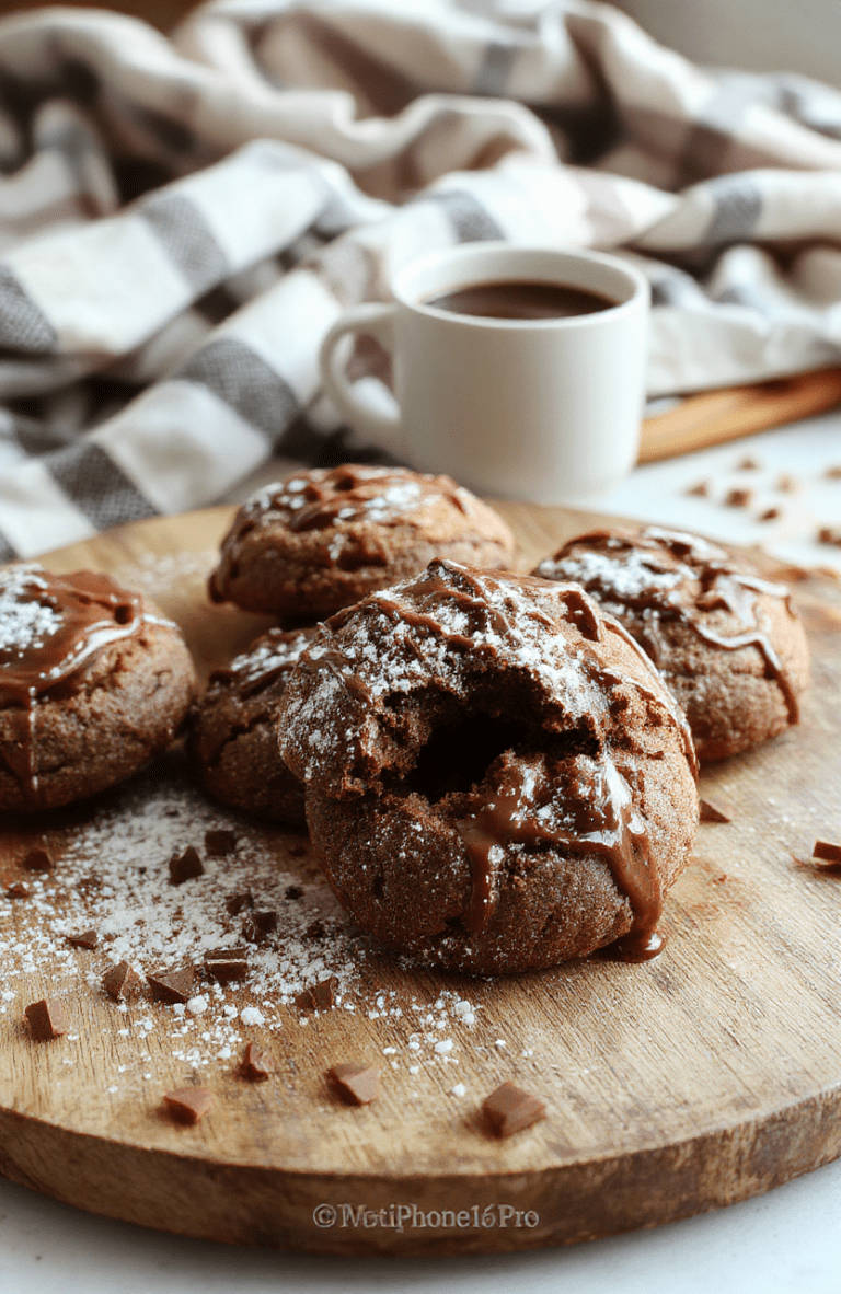A close-up of chewy hot chocolate cookies on a rustic wooden plate, topped with a drizzle of melted chocolate and a sprinkle of powdered sugar, with a cozy winter background featuring a warm mug and soft blankets, highlighting the rich texture and chocolatey appearance.