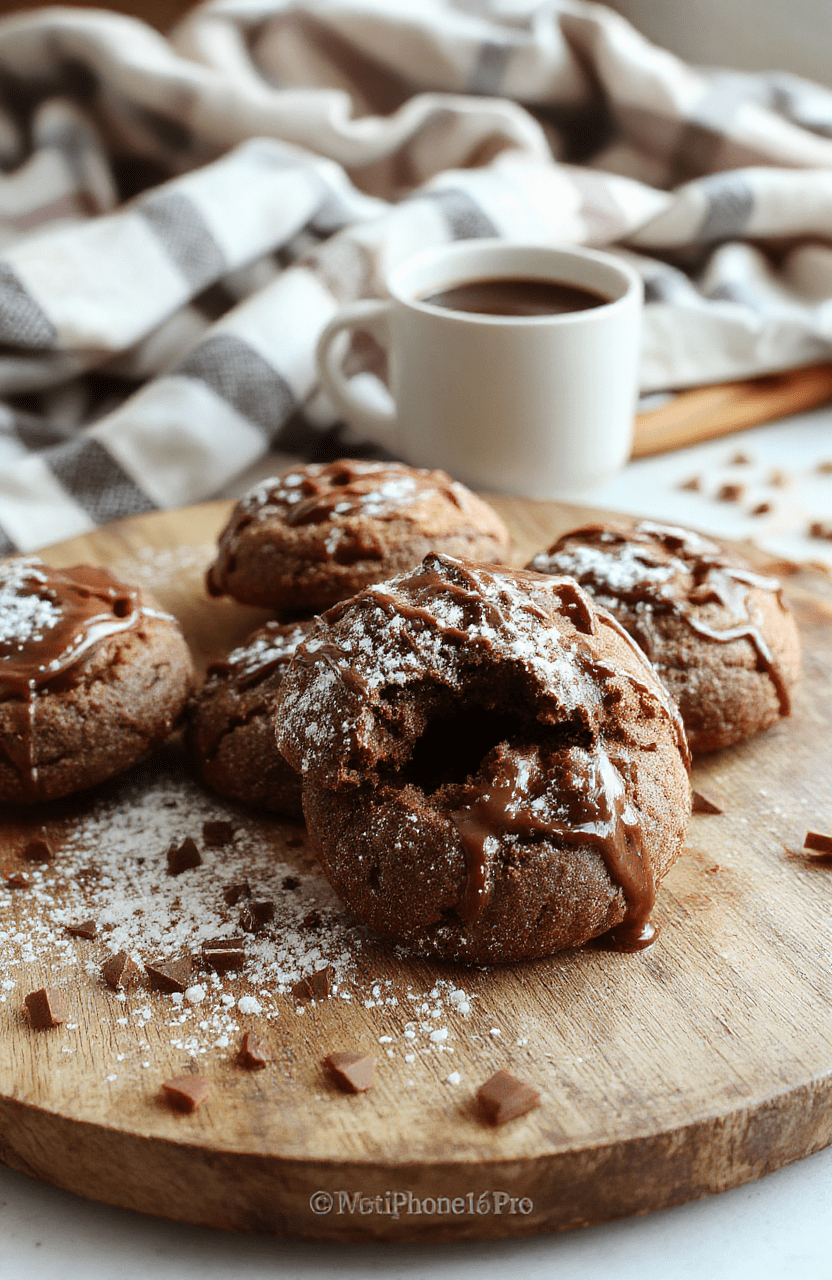 A close-up of chewy hot chocolate cookies on a rustic wooden plate, topped with a drizzle of melted chocolate and a sprinkle of powdered sugar, with a cozy winter background featuring a warm mug and soft blankets, highlighting the rich texture and chocolatey appearance.