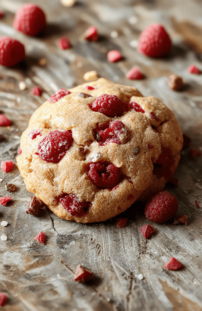 A close-up of vibrant red raspberry cookies with a slightly cracked, chewy texture, arranged on a rustic white plate with fresh raspberries scattered around, highlighted by soft natural light enhancing their glossy surface and delicate crumbly edges.