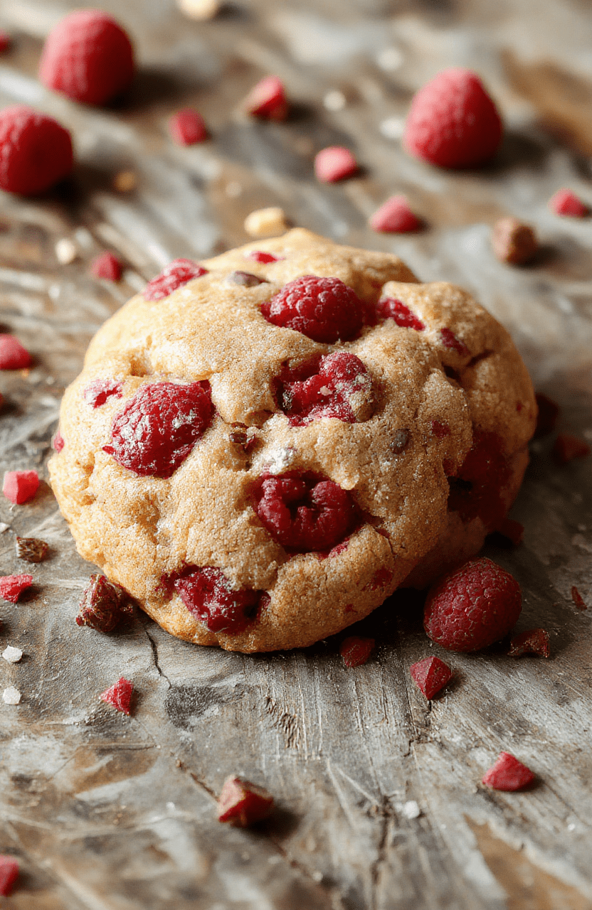 A close-up of vibrant red raspberry cookies with a slightly cracked, chewy texture, arranged on a rustic white plate with fresh raspberries scattered around, highlighted by soft natural light enhancing their glossy surface and delicate crumbly edges.