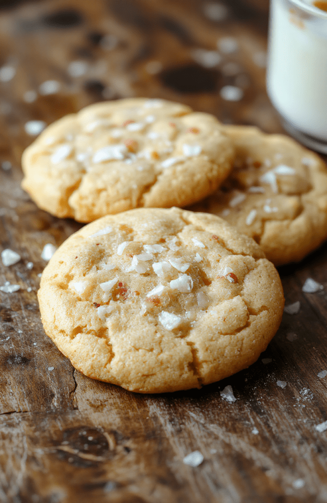 Golden-brown chewy cookies with a glossy butterscotch topping sprinkled with flaky sea salt, arranged on a rustic wooden platter with a few scattered morsels showcasing their gooey texture and rich caramel flavor.