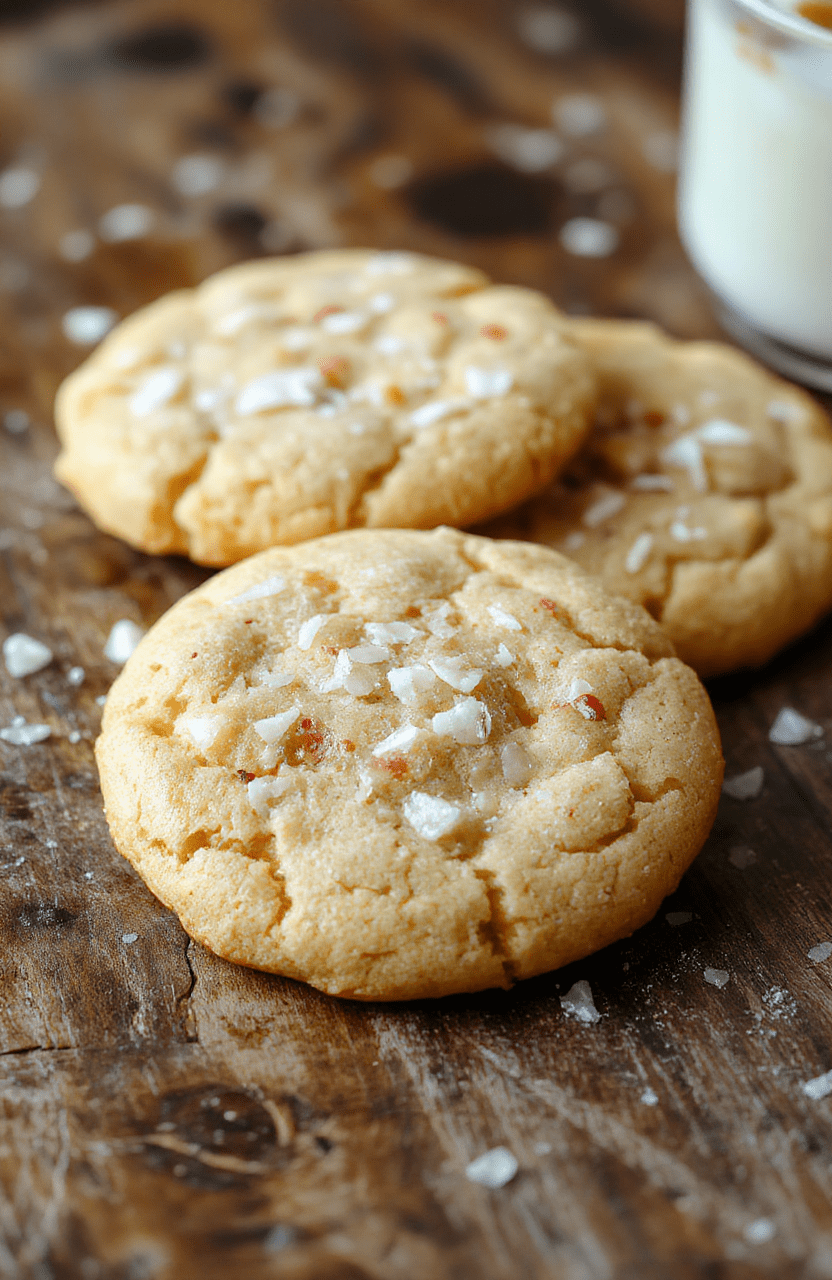 Golden-brown chewy cookies with a glossy butterscotch topping sprinkled with flaky sea salt, arranged on a rustic wooden platter with a few scattered morsels showcasing their gooey texture and rich caramel flavor.