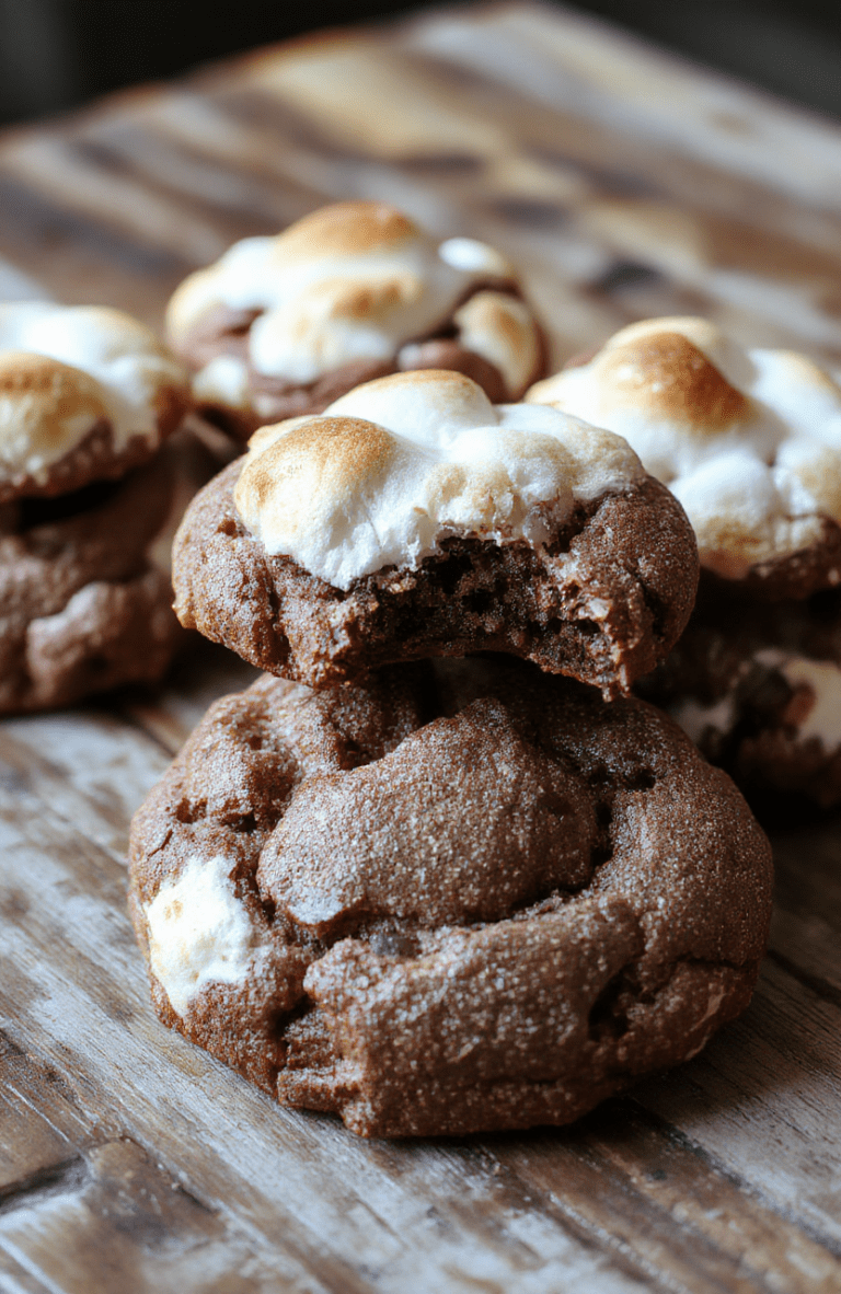 A plate of chewy s'mores cookies with golden-brown edges, topped with melted marshmallow and chunks of chocolate, presented on a rustic wooden surface, with toasted marshmallows and chocolate pieces scattered around, styled minimally for an inviting look