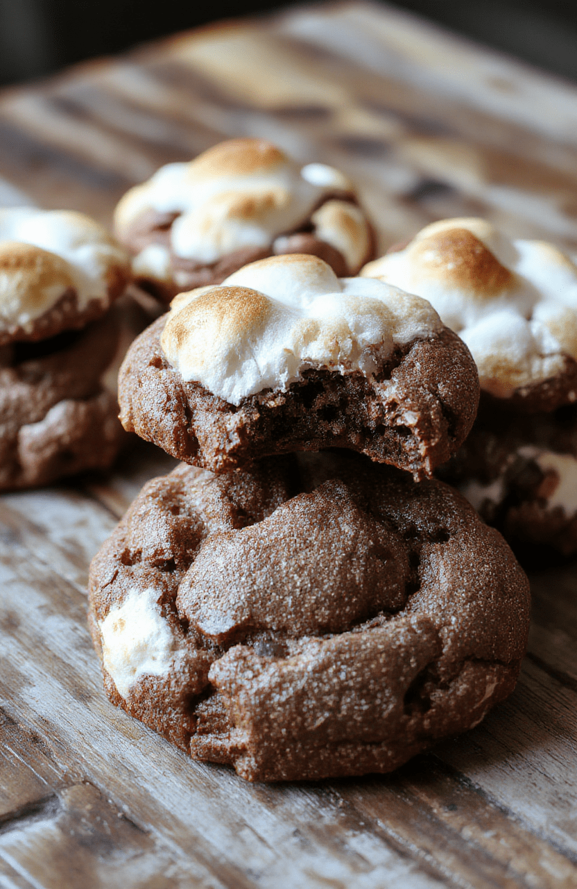 A plate of chewy s'mores cookies with golden-brown edges, topped with melted marshmallow and chunks of chocolate, presented on a rustic wooden surface, with toasted marshmallows and chocolate pieces scattered around, styled minimally for an inviting look