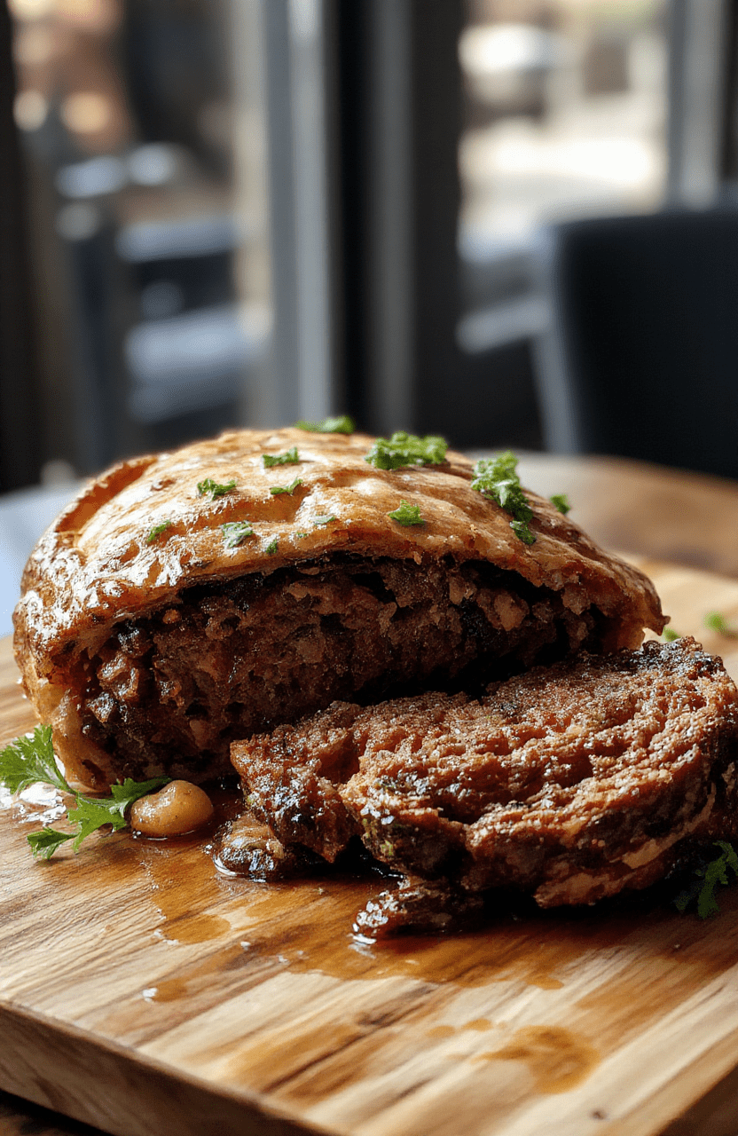 A beautifully plated Beef Wellington featuring golden-brown pastry wrapped around tender beef and mushroom duxelles, garnished with fresh herbs on a rustic wooden platter, with a drizzle of red wine sauce and colorful vegetable sides, styled elegantly with attention to textures and rich colors.