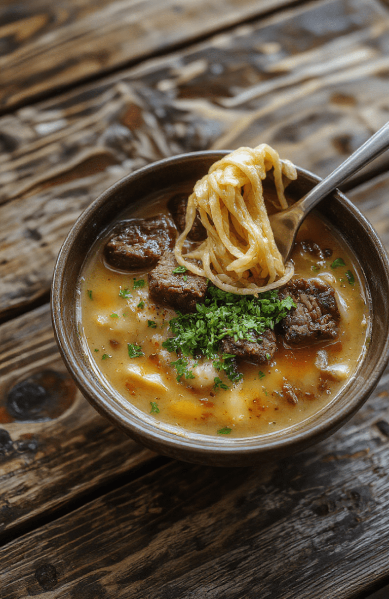 A steaming bowl of hearty beef ramen noodles featuring tender beef slices, soft-boiled eggs, bright green scallions, and rich broth, artfully arranged on a rustic wooden table with subtle toppings and a photo captured in natural daylight.