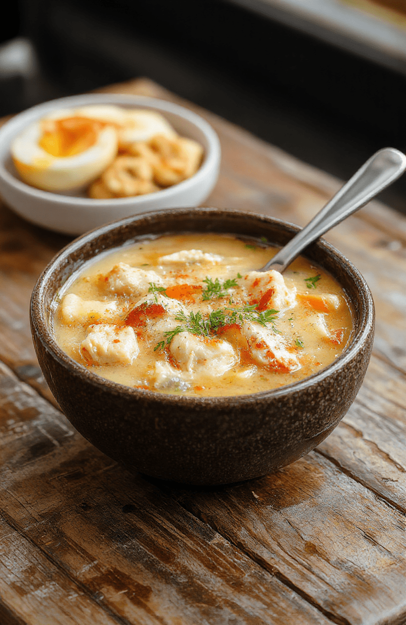 A warm bowl of chicken noodle soup topped with fresh herbs, colorful vegetables, and tender chicken pieces on a rustic wooden table, steam rising, inviting and vibrant textures