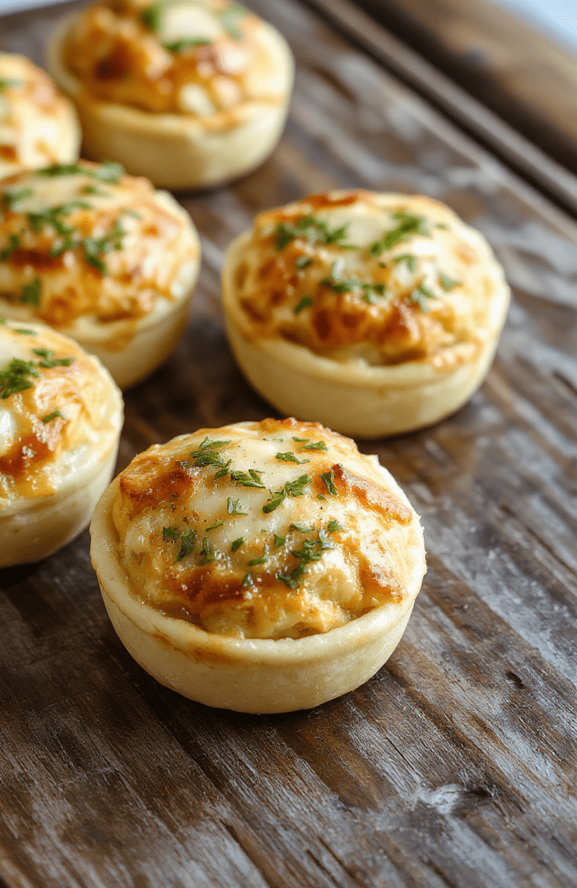 Colorful mini chicken pot pies with golden, flaky crusts on a rustic wooden tray; visible bubbling filling of chicken, peas, carrots, and creamy sauce; garnished with fresh herbs, styled with a cozy kitchen backdrop, soft natural lighting, highlighting textures and vibrant colors.