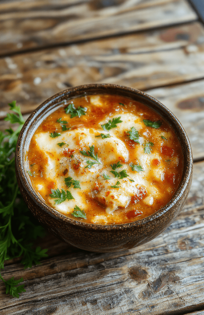 A vibrant bowl of lasagna soup featuring layers of melted cheese, diced tomatoes, ground beef, and fresh basil, served on a rustic wooden table with a spoon showing the rich, bubbling broth and tender pasta, garnished with cheese and herbs, styled in a casual cozy setting.