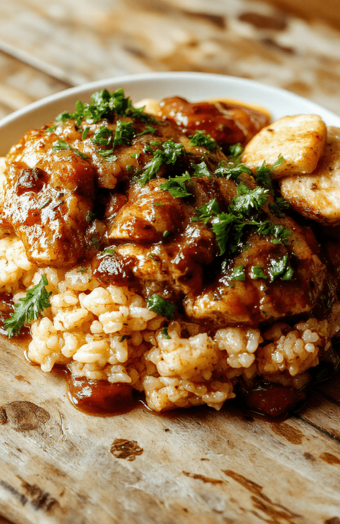 A vibrant plate of smothered chicken and rice featuring golden-brown chicken breasts topped with creamy gravy, served alongside fluffy seasoned rice. The dish is garnished with fresh herbs, with a warm, inviting atmosphere and rustic wooden table. The textures of tender chicken, creamy sauce, and perfectly cooked rice create an appetizing visual appeal.