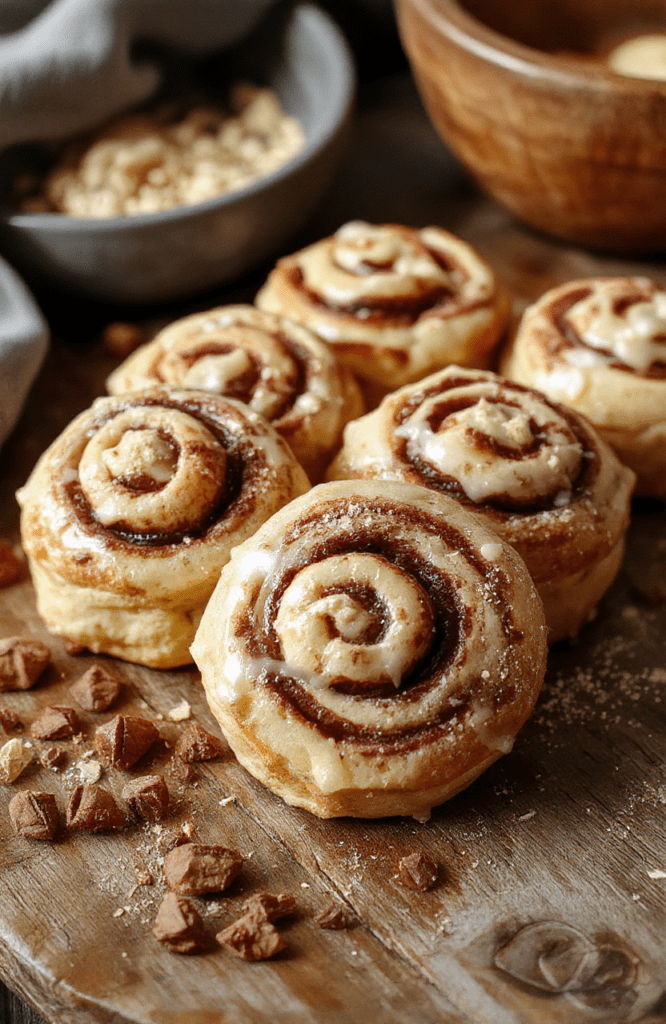 Warm golden-brown cinnamon roll cookies topped with a swirl of creamy frosting, arranged on a rustic wooden platter with cinnamon sticks and sugar dusting, styled with fall-themed decor.