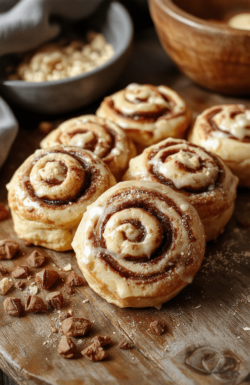 Warm golden-brown cinnamon roll cookies topped with a swirl of creamy frosting, arranged on a rustic wooden platter with cinnamon sticks and sugar dusting, styled with fall-themed decor.