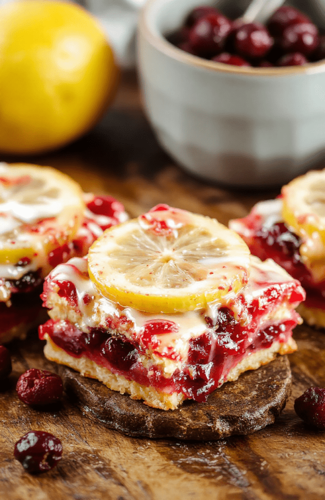Vibrant cranberry and lemon bars on a rustic wooden platter, showcasing bright yellow lemon filling topped with deep red cranberries, garnished with lemon slices and fresh herbs, with a lightly textured crust visible underneath, styled in a casual, inviting manner.