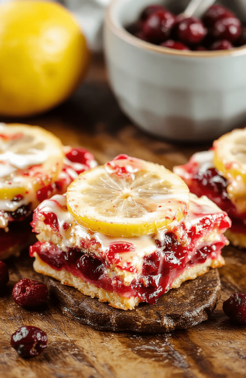 Vibrant cranberry and lemon bars on a rustic wooden platter, showcasing bright yellow lemon filling topped with deep red cranberries, garnished with lemon slices and fresh herbs, with a lightly textured crust visible underneath, styled in a casual, inviting manner.