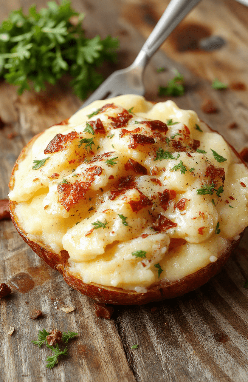 A creamy, golden-brown baked mashed potatoes dish in a rustic white bowl, topped with a drizzle of melted butter and fresh herbs, surrounded by fluffy mashed potatoes with smooth, velvety texture, styled on a wooden table with warm ambient lighting