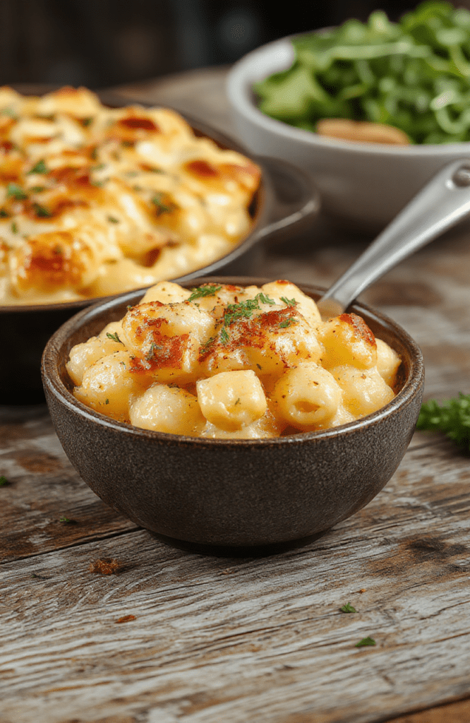 A rich, creamy baked mac and cheese in a golden-brown casserole dish, topped with melted cheese and crispy breadcrumbs, garnished with fresh parsley, vibrant orange sauce contrasting with the creamy white interior, styled for a cozy dinner setting.