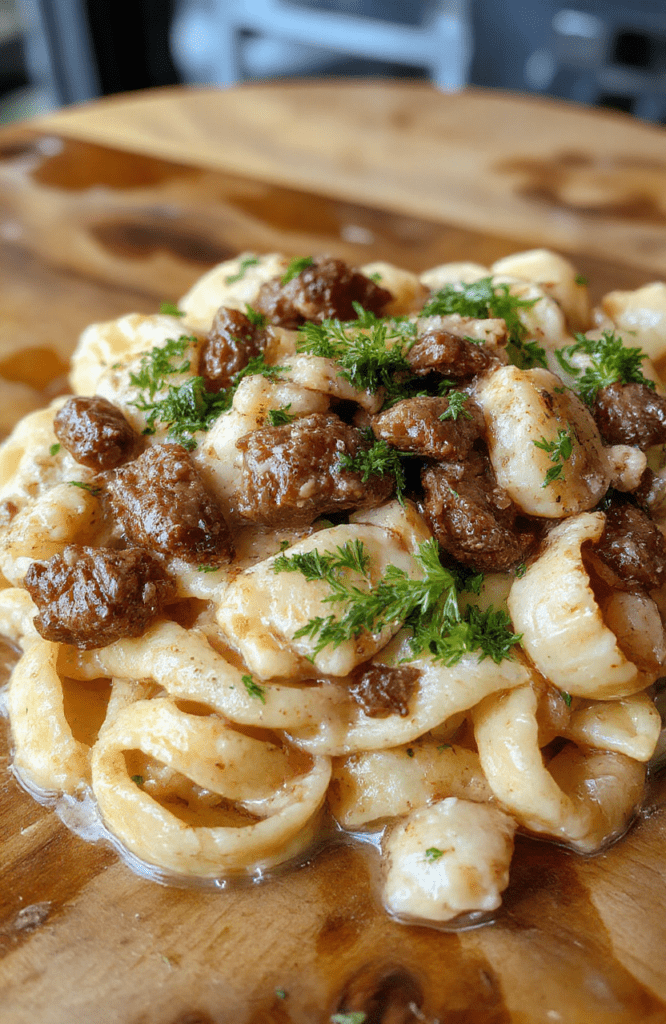 A vibrant plate of creamy beef and pasta shells garnished with fresh herbs, showcasing a luscious, cheesy sauce, tender beef chunks, and perfectly cooked pasta on a rustic wooden table.