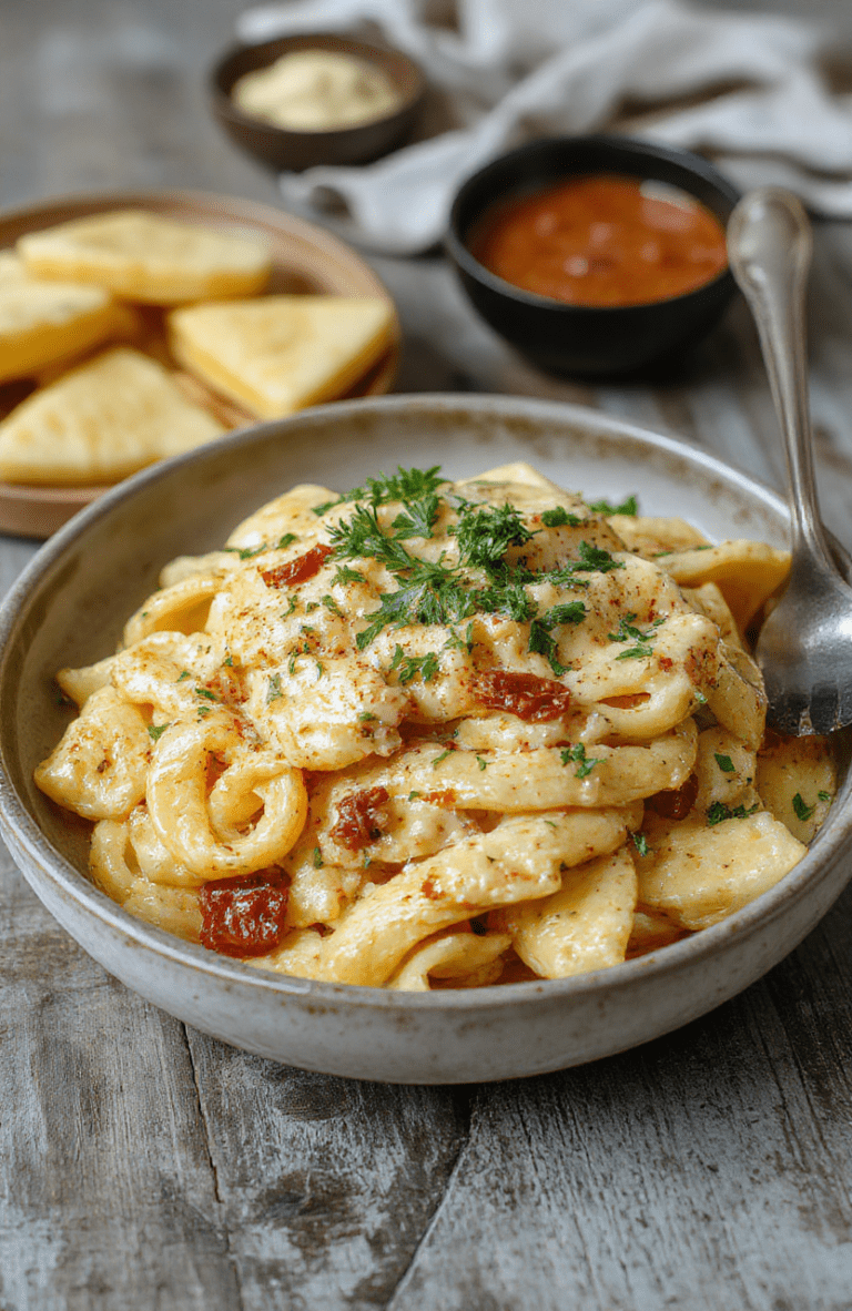 A vibrant plate of creamy Cajun pasta featuring orange and green bell peppers, cooked pasta coated in rich sauce, garnished with chopped parsley, presented on a rustic wooden table.