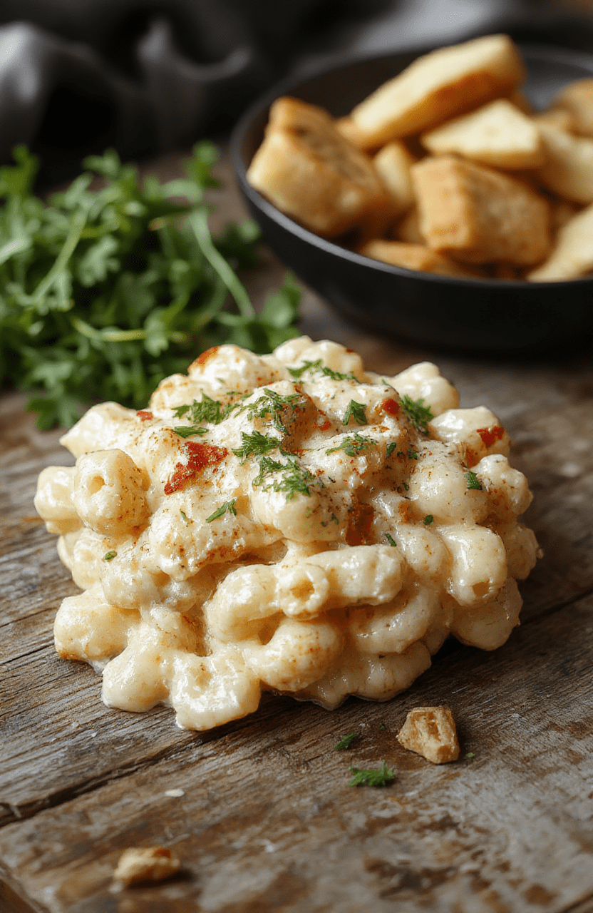A creamy chicken mac and cheese served in a rustic white bowl, topped with melted cheese and fresh herbs, with tender pasta and chunks of chicken visibly mixed throughout, presented on a wooden surface with a spoon nearby, vibrant warm colors and inviting textures