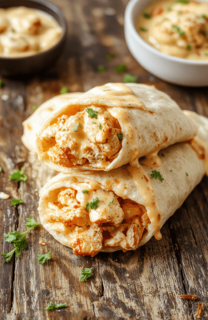 A vibrant plate of cheesy chicken wraps sliced open to reveal gooey melted cheese, tender chicken, and crisp vegetables, garnished with fresh herbs, styled on a rustic wooden surface with a colorful background.