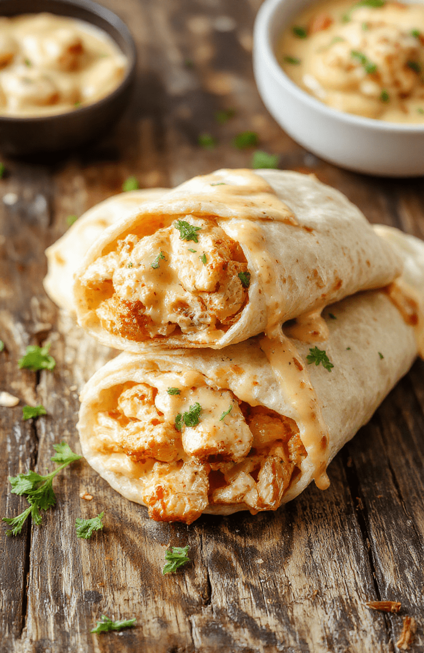 A vibrant plate of cheesy chicken wraps sliced open to reveal gooey melted cheese, tender chicken, and crisp vegetables, garnished with fresh herbs, styled on a rustic wooden surface with a colorful background.