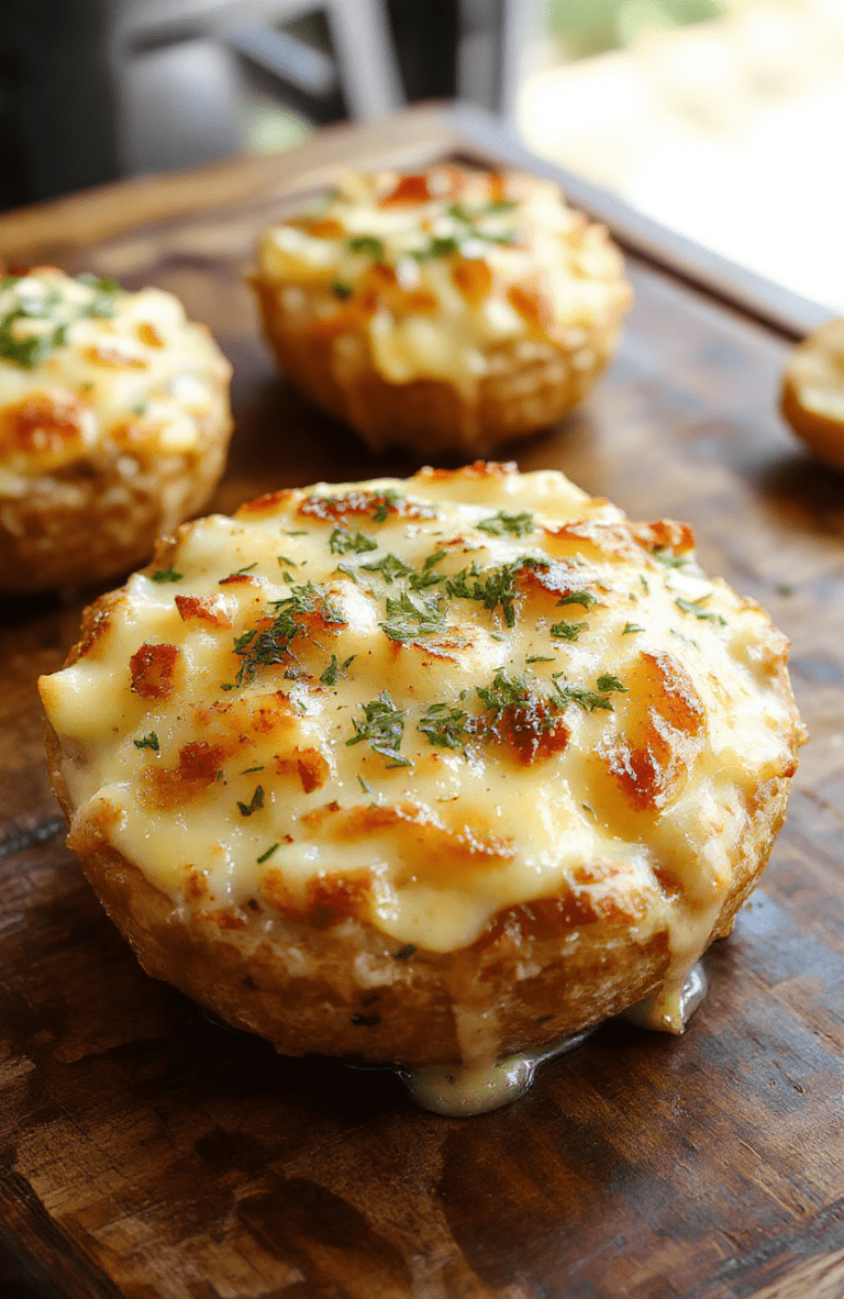 A beautifully layered potato gratin in a white ceramic dish, golden-brown top with crispy cheese crust, revealing tender sliced potatoes and creamy sauce, styled with fresh herbs, on a rustic wooden table with natural light highlighting textures and colors.