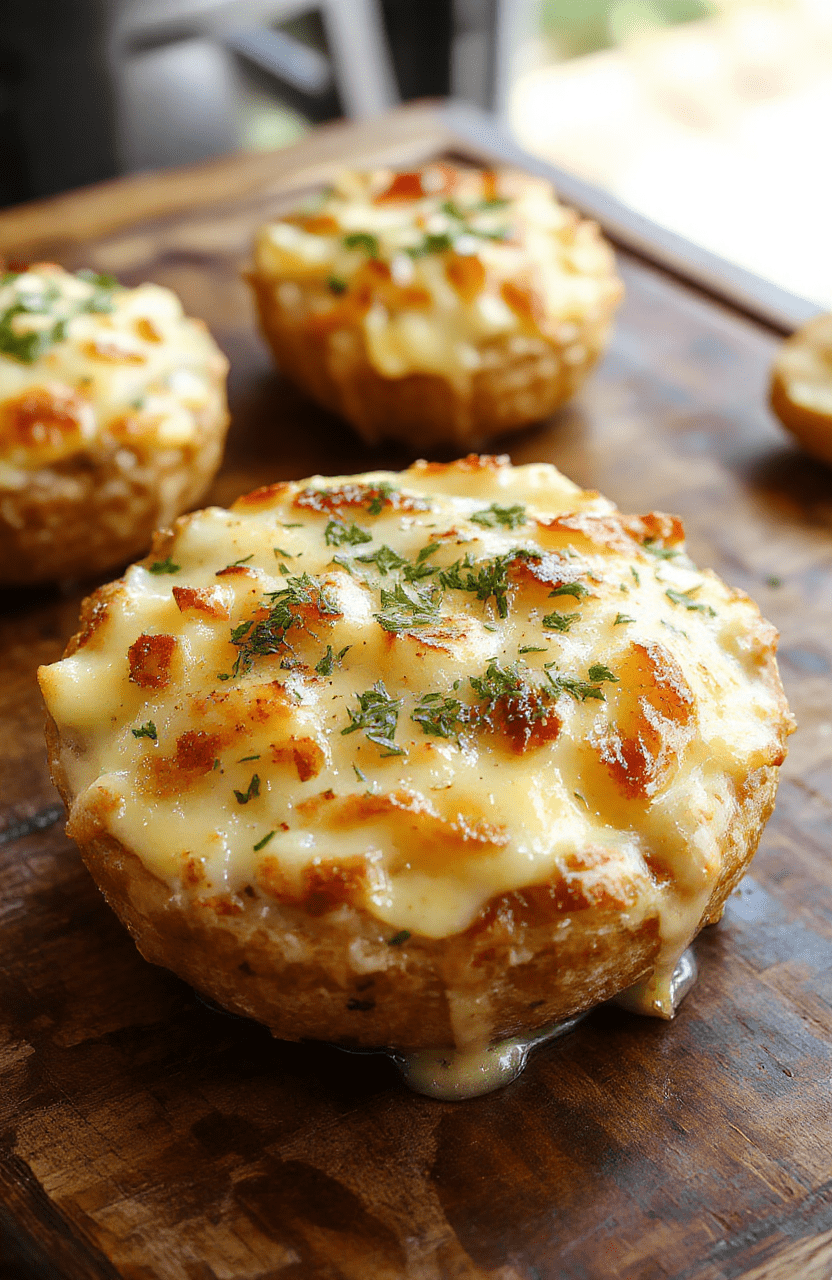 A beautifully layered potato gratin in a white ceramic dish, golden-brown top with crispy cheese crust, revealing tender sliced potatoes and creamy sauce, styled with fresh herbs, on a rustic wooden table with natural light highlighting textures and colors.