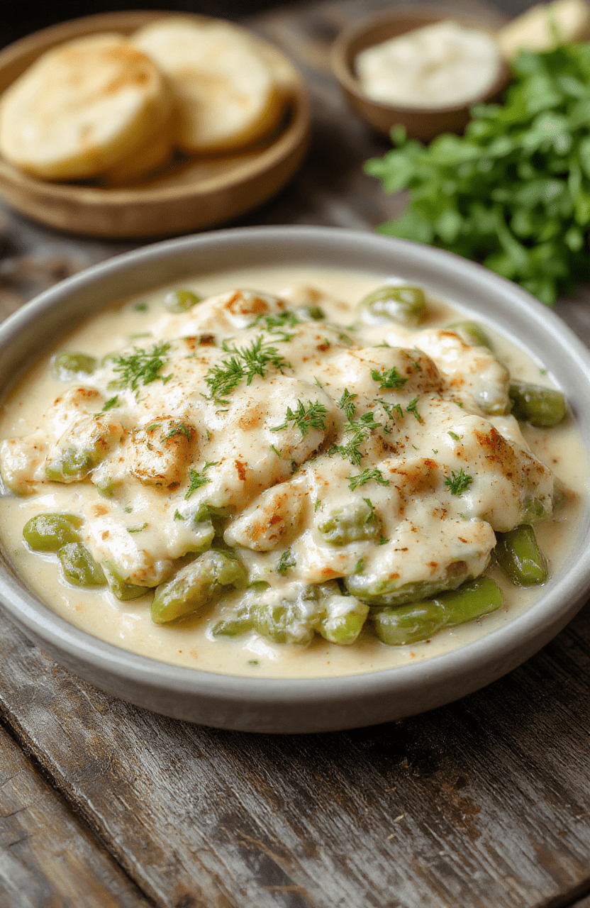 A vibrant, creamy green bean casserole served in a rustic white dish, topped with crispy fried onions and garnished with fresh herbs, surrounded by fresh green beans and creamy sauces, styled simply on a wooden table with warm natural lighting.