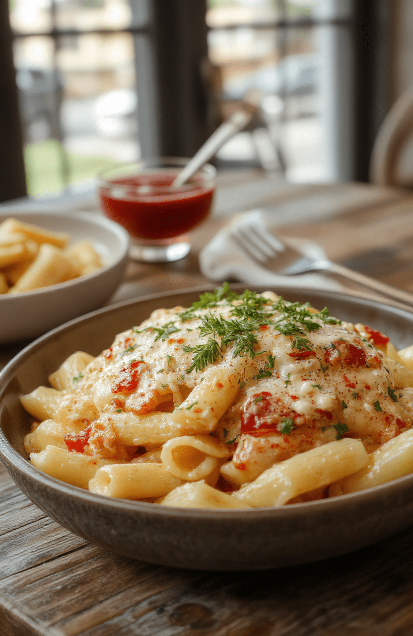 A vibrant plate of creamy Italian rigatoni pasta topped with fresh herbs and grated cheese, served on a rustic wooden table with a swirl of sauce coating the tube-shaped pasta, garnished with basil and cherry tomatoes, exuding comfort and freshness.