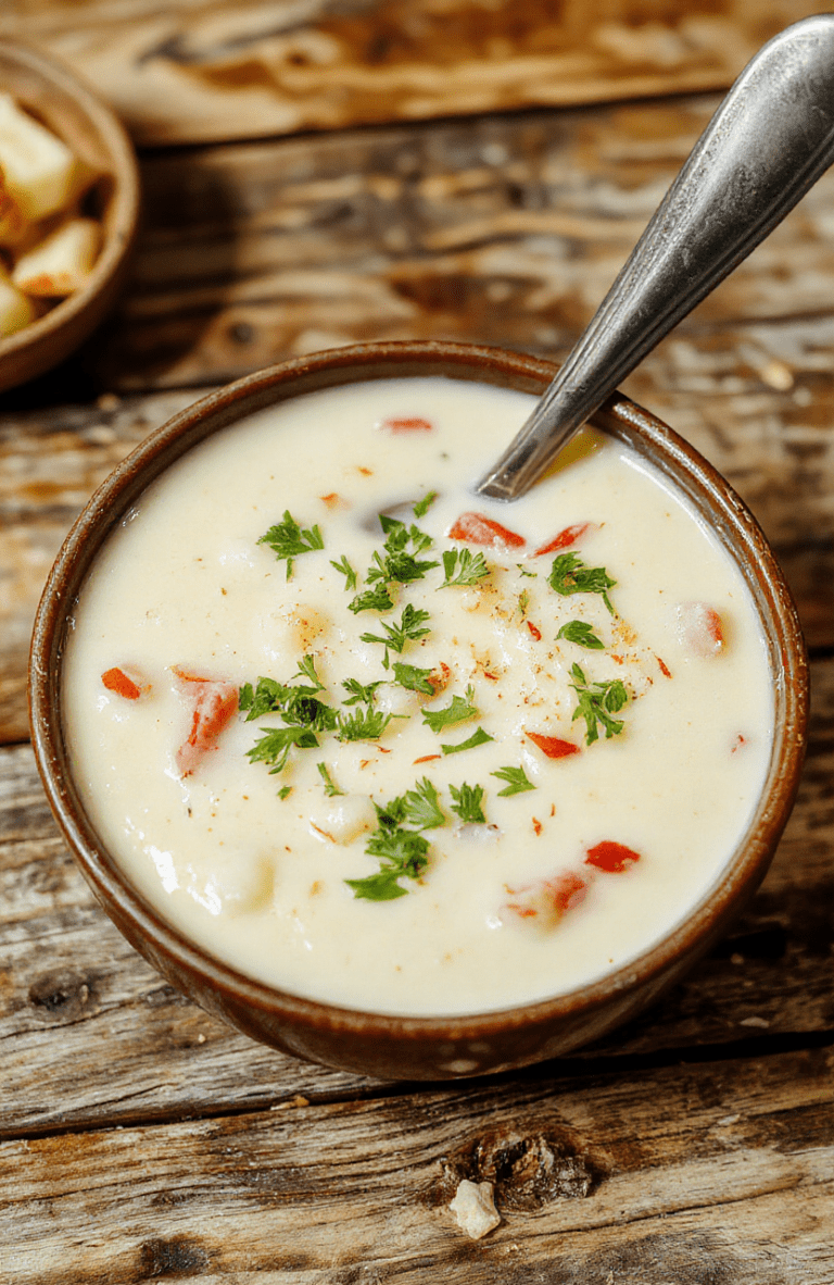 A bowl of creamy loaded potato soup topped with shredded cheese, crispy bacon bits, chopped green onions, and a dollop of sour cream, served in a rustic white bowl on a wooden table with a whole potato, butter, and fresh herbs in the background. The textured soup has a velvety appearance with melted cheese and garnishes adding vibrant color and texture.