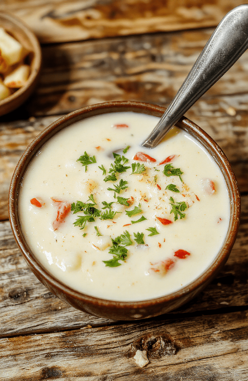A bowl of creamy loaded potato soup topped with shredded cheese, crispy bacon bits, chopped green onions, and a dollop of sour cream, served in a rustic white bowl on a wooden table with a whole potato, butter, and fresh herbs in the background. The textured soup has a velvety appearance with melted cheese and garnishes adding vibrant color and texture.