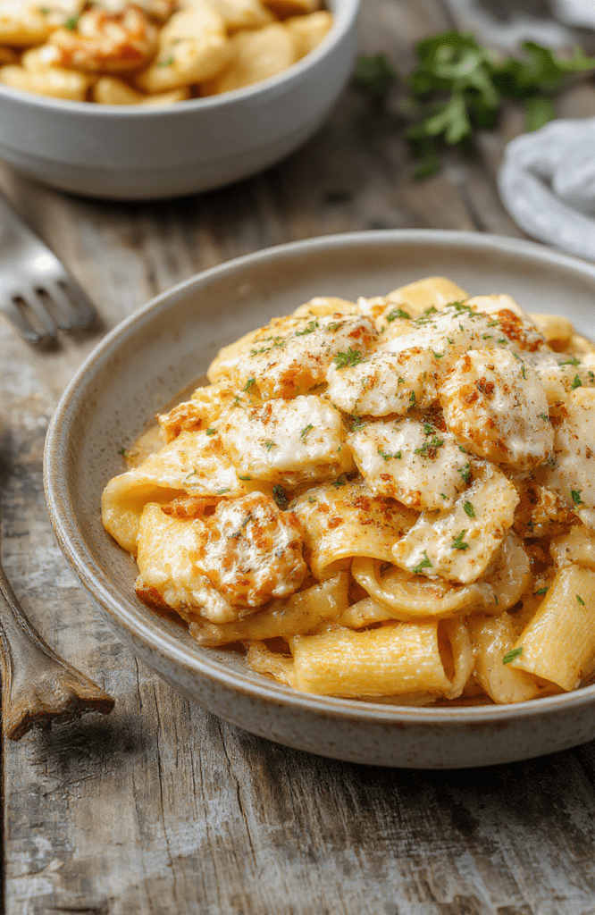 A close-up of a creamy chicken Parmesan pasta dish served in a white bowl, topped with shredded Parmesan cheese and fresh parsley, with a golden-brown grilled chicken breast on top, surrounded by a rustic wooden table, with a drizzle of creamy sauce visible, vibrant colors, and appetizing textures.