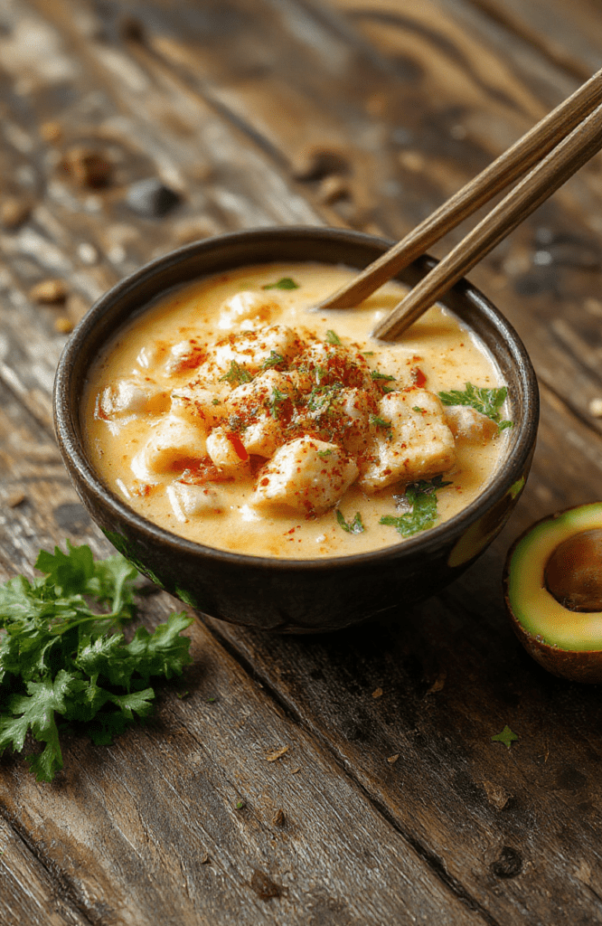 A vibrant bowl of spicy chicken ramen showcasing tender sliced chicken, rich creamy broth, soft boiled eggs, green scallions, and spicy red chili oil on top, with steaming noodles and fresh herbs, beautifully plated on a rustic wooden surface.