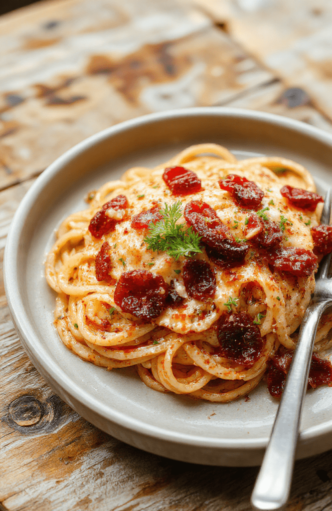 A vibrant plate of creamy spaghetti topped with sun-dried tomatoes, fresh herbs, and grated cheese, presented on a rustic wooden table styled with basil leaves and olive oil, showcasing rich textures and bold colors.