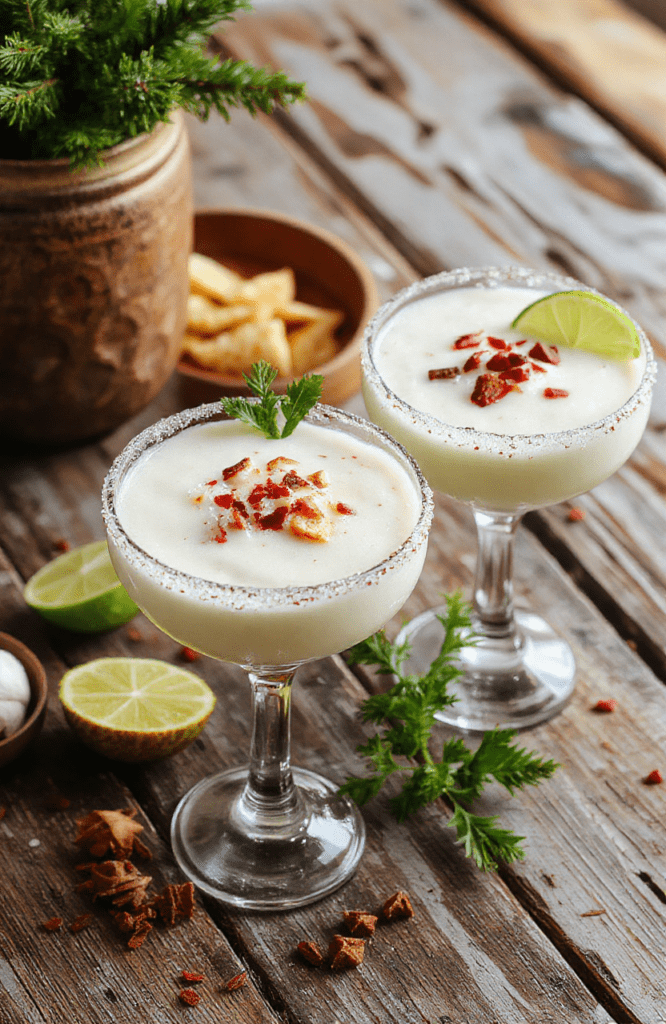 A vibrant pitcher filled with creamy white margaritas garnished with lime slices and sugared rims, surrounded by festive holiday decor and colorful straws, with a blurred background of a cozy dinner table setting.
