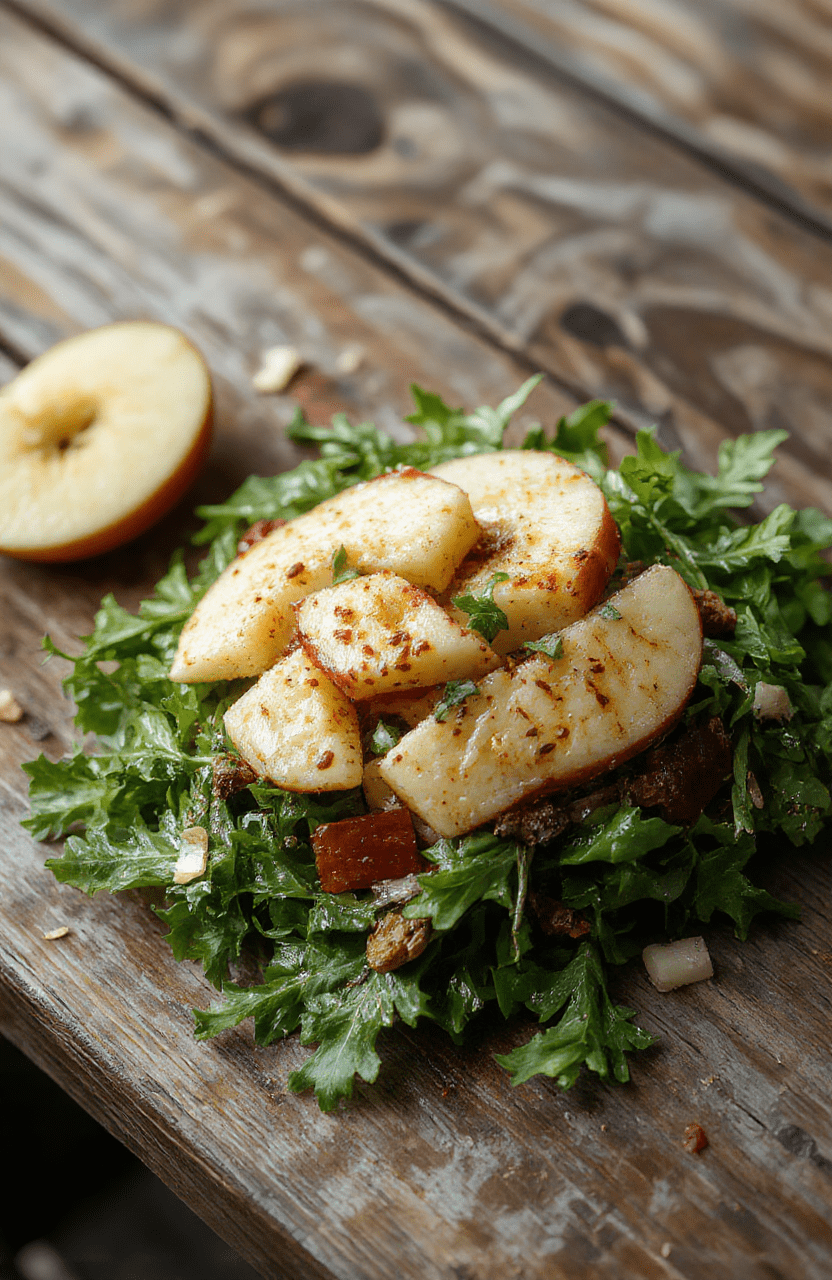 A vibrant bowl of crisp apple arugula salad featuring thinly sliced green apples, fresh arugula, toasted walnuts, and crumbled feta cheese, drizzled with a light lemon vinaigrette, arranged on a rustic wooden table with natural daylight highlighting the textures and colors.