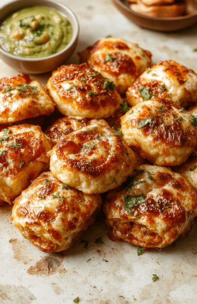Golden brown, crispy air fryer pizza rolls arranged on a white plate with a side of marinara sauce, showcasing bubbling cheese and pepperoni slices, styled with fresh basil leaves on a neutral wooden table, emphasizing texture and inviting appeal.